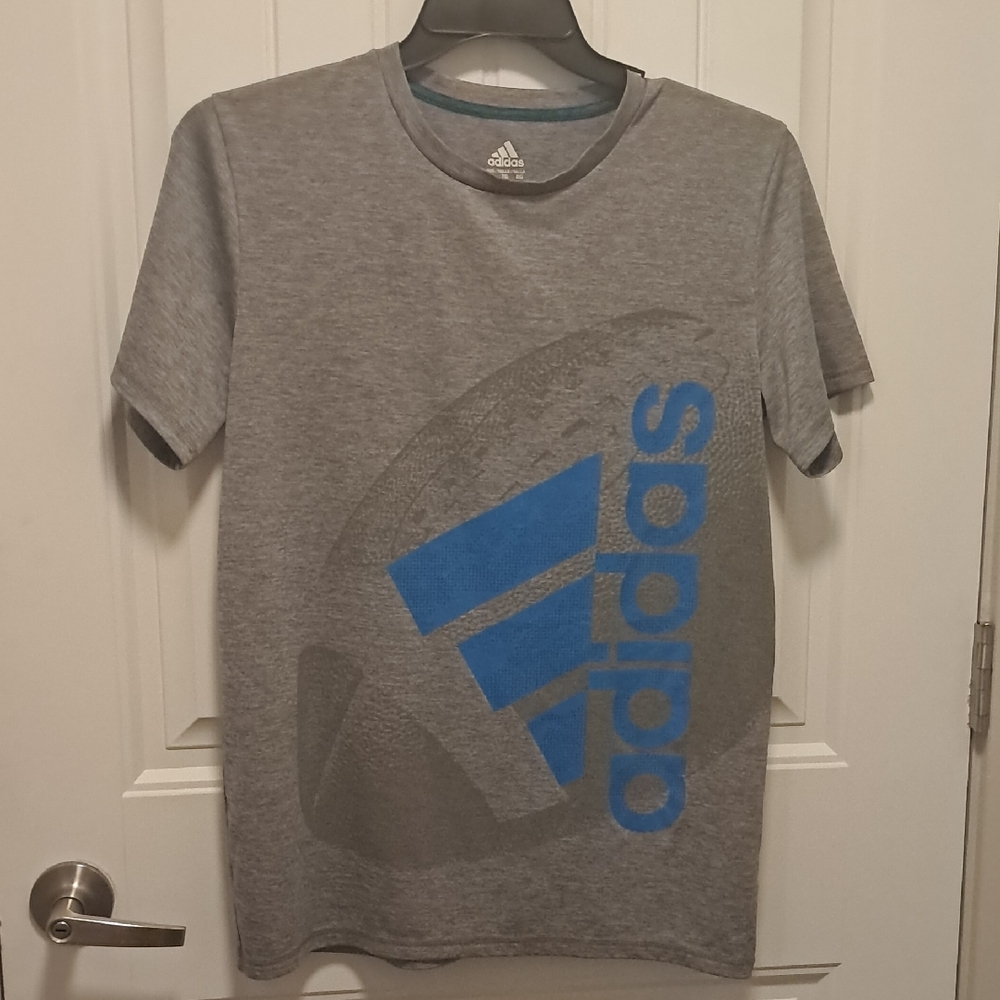 Adidas Heather Gray Tee with Vibrant Blue Graphic